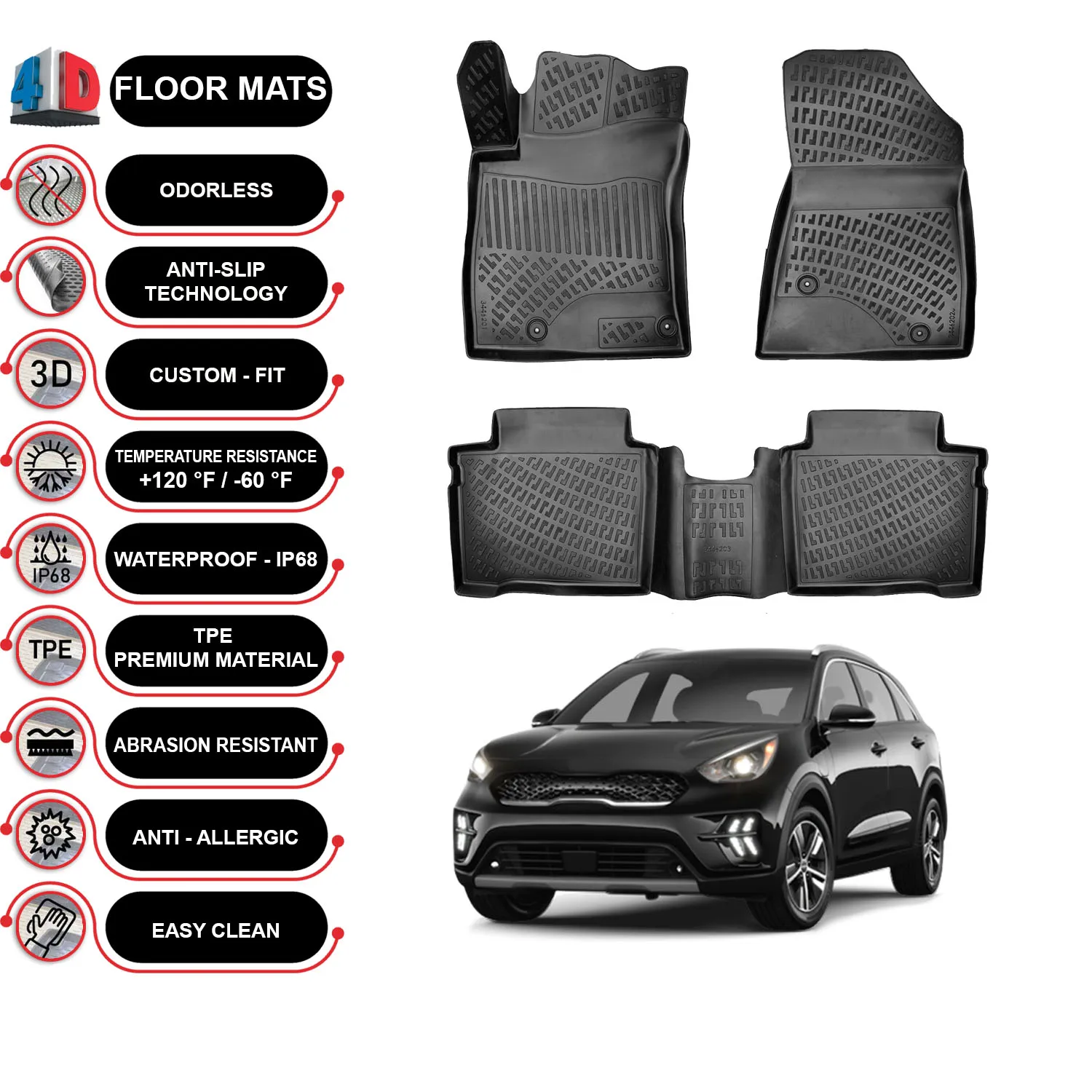 Kia Niro EV - (2022-2023) Floor Mats Liner Waterproof 3D - (Black)