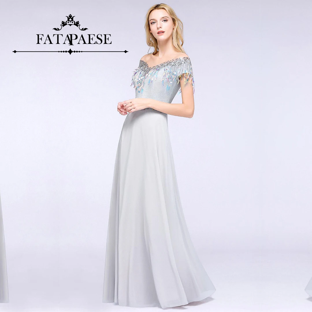 FATAPAESE  Shiny Evening Dress with Off-shoulder Neckline with Shining TasselsGems Floor-length A-line Gown  for Formal Party