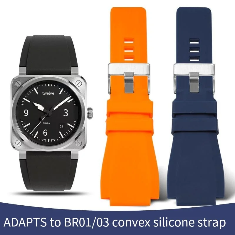 

22 24 X 34mm black sport sweatproof rubber leather strap for Ross BR-01 BR-03 DIY replacement with black/silver buckle
