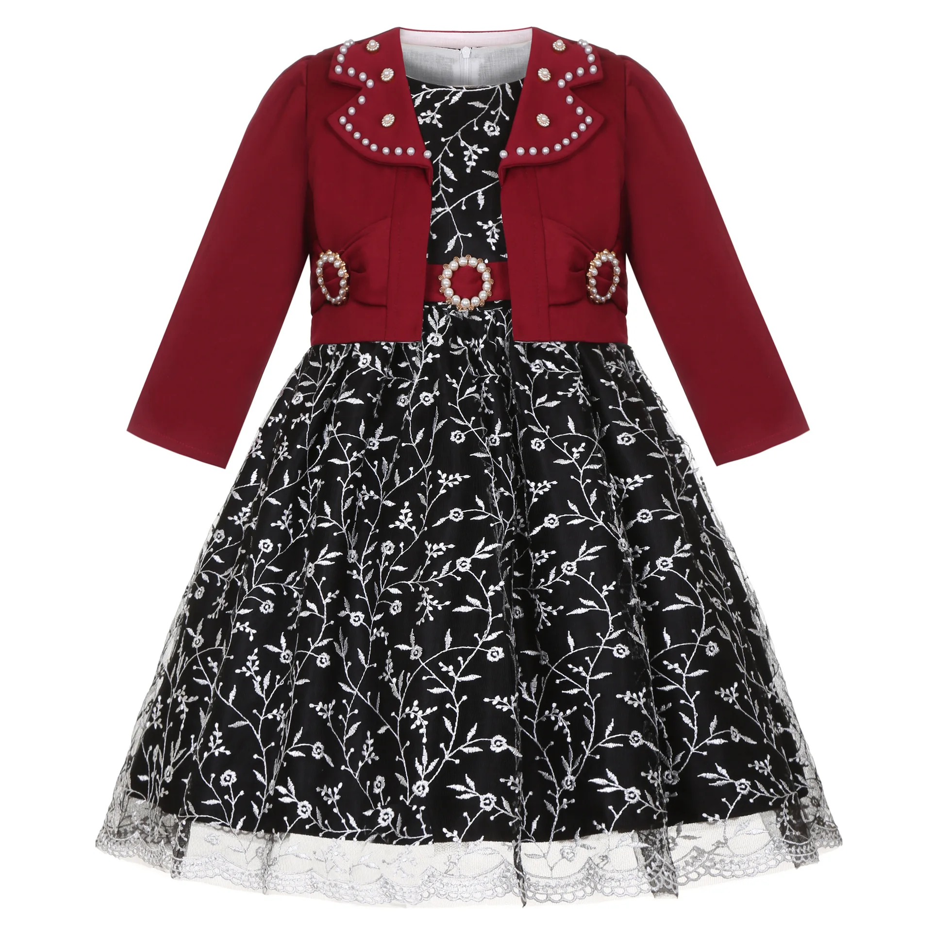

Children Long-Sleeved Embroidery Lace Princess Dress With Jacket For Girls Christmas Ceremony Wedding Formal Evening Gown