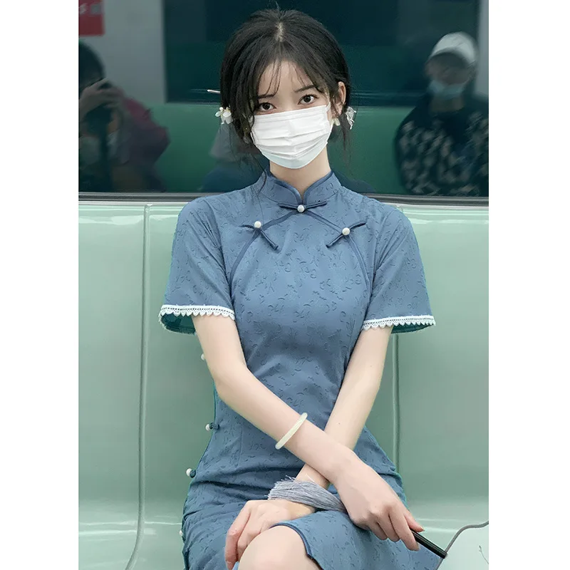 

Summer Blue Long Cheongsam Elegant Young Girl Style High End Students Qipao Dress for Young Ladies Socialite Daily Wear CH-107