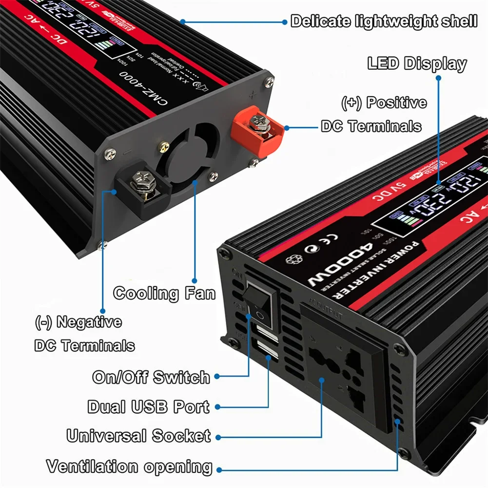 4000W Solar Power Inverter DC 12V to AC 110V/220V Modified Pure Sine Wave Charge Converter Voltage Transformer Car Adapter