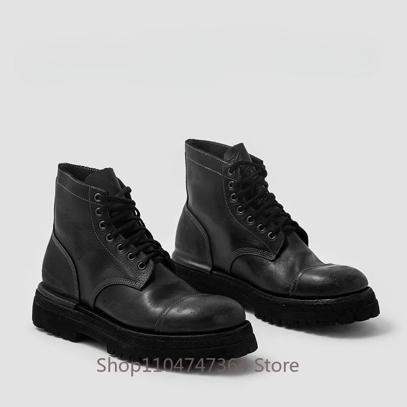 Luxury Designer Cowhide Platform Boots Men's Shoes Genuine Leather Casual High Top Outdoor Sport Walking Chelsea Boots Male