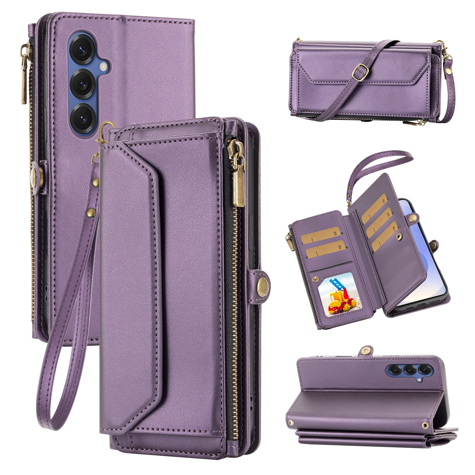 Handyhülle im Wallet-Stil für Samsung A17/A16/A15/A14/A13/A26/A36/A55/A56/A57 mit Umhängegurt, mehreren Kartenfächern und Münzfach, Handyhülle aus Kunstleder – Detail 5