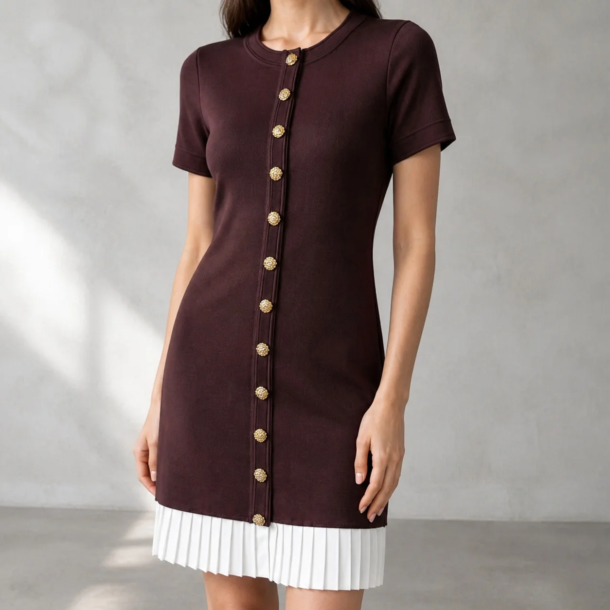 Women's Summer Elegant Short Sleeve Fitted Round Neck Color Block Slub Cotton Midi Length Casual Pullover Dress for Women