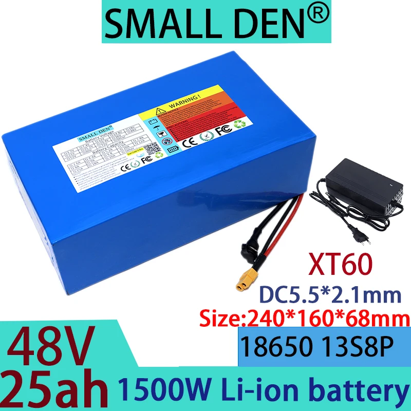 48V 25Ah lithium battery pack 18650 13S8P 0-1500W high power, with BMS, suitable for 54.6V+2A 3A 5A charger travel camping