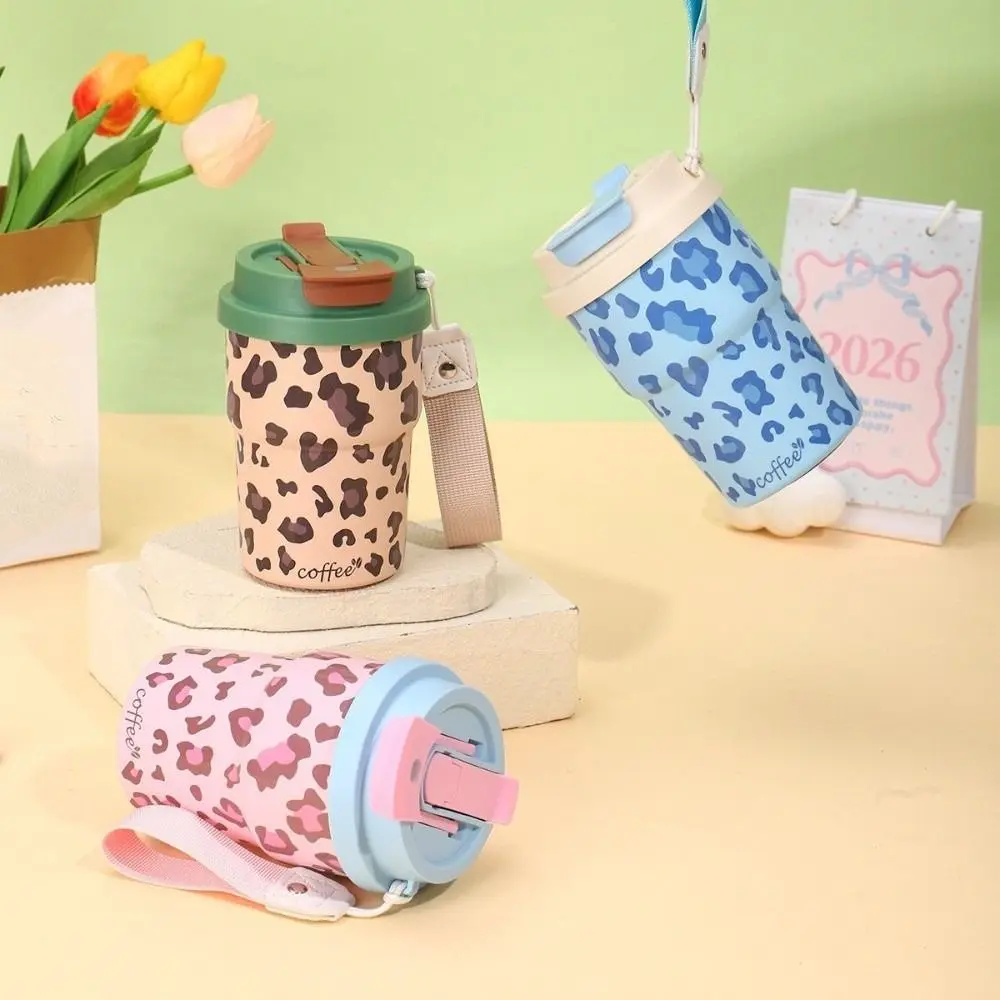 450ml Thermal Water Bottle Leopard Print Leak-Proof Portable Insulated Cup Stainless Steel Large Caliber Straw Thermos Cup