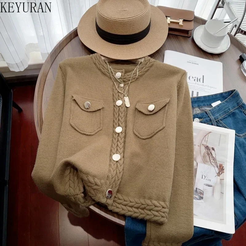 2024 Autumn Autumn Knitted Cardigan Sweater Coat Women Vintage Fashion V-neck Long Sleeve Solid Casual Knitwear Crop Tops Jumper