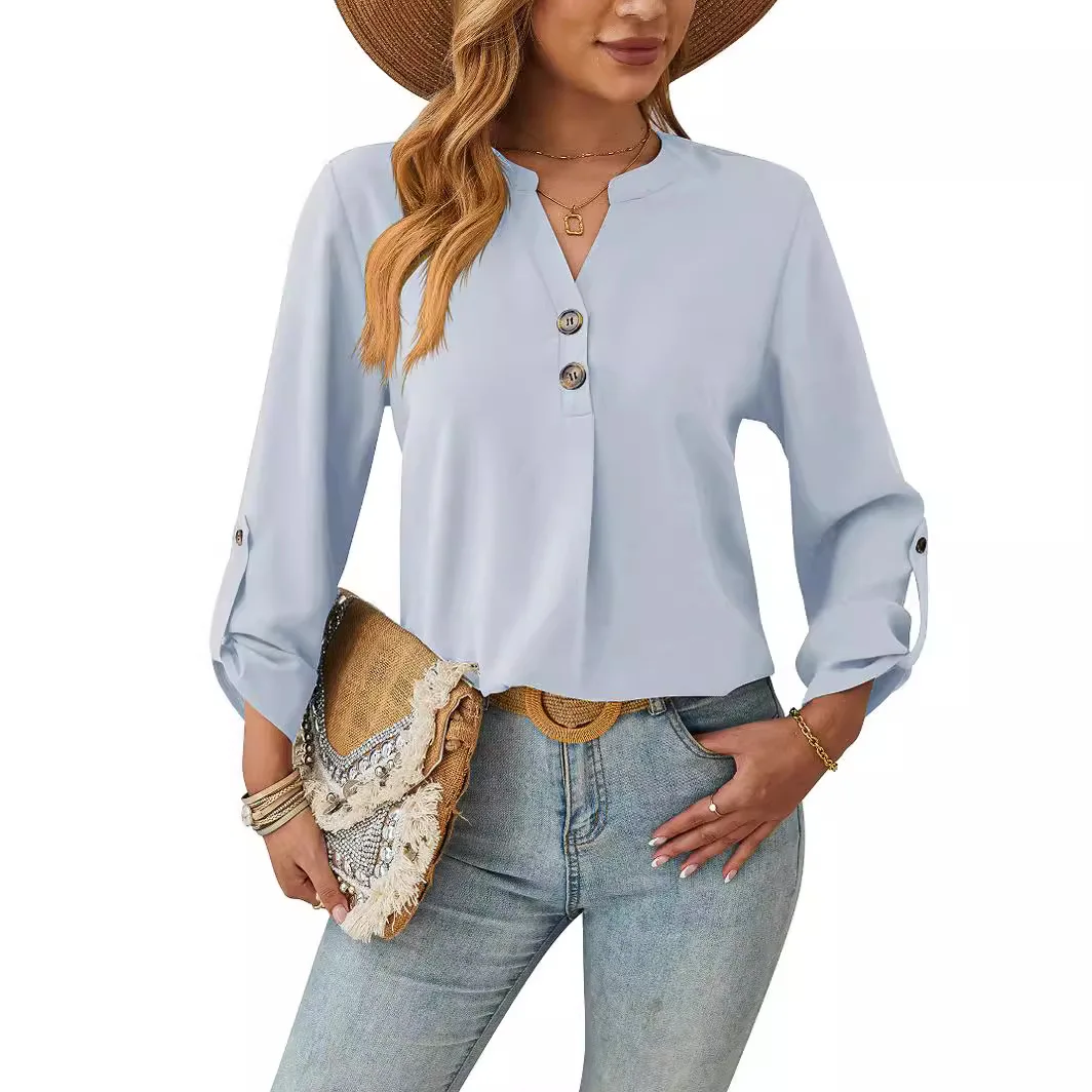 Prowow V-neck Women Blouses Long Sleeve Blue Slim Female Tops Clothes 2025 New Spring Summer Office Lady Elegant Outfits Brown