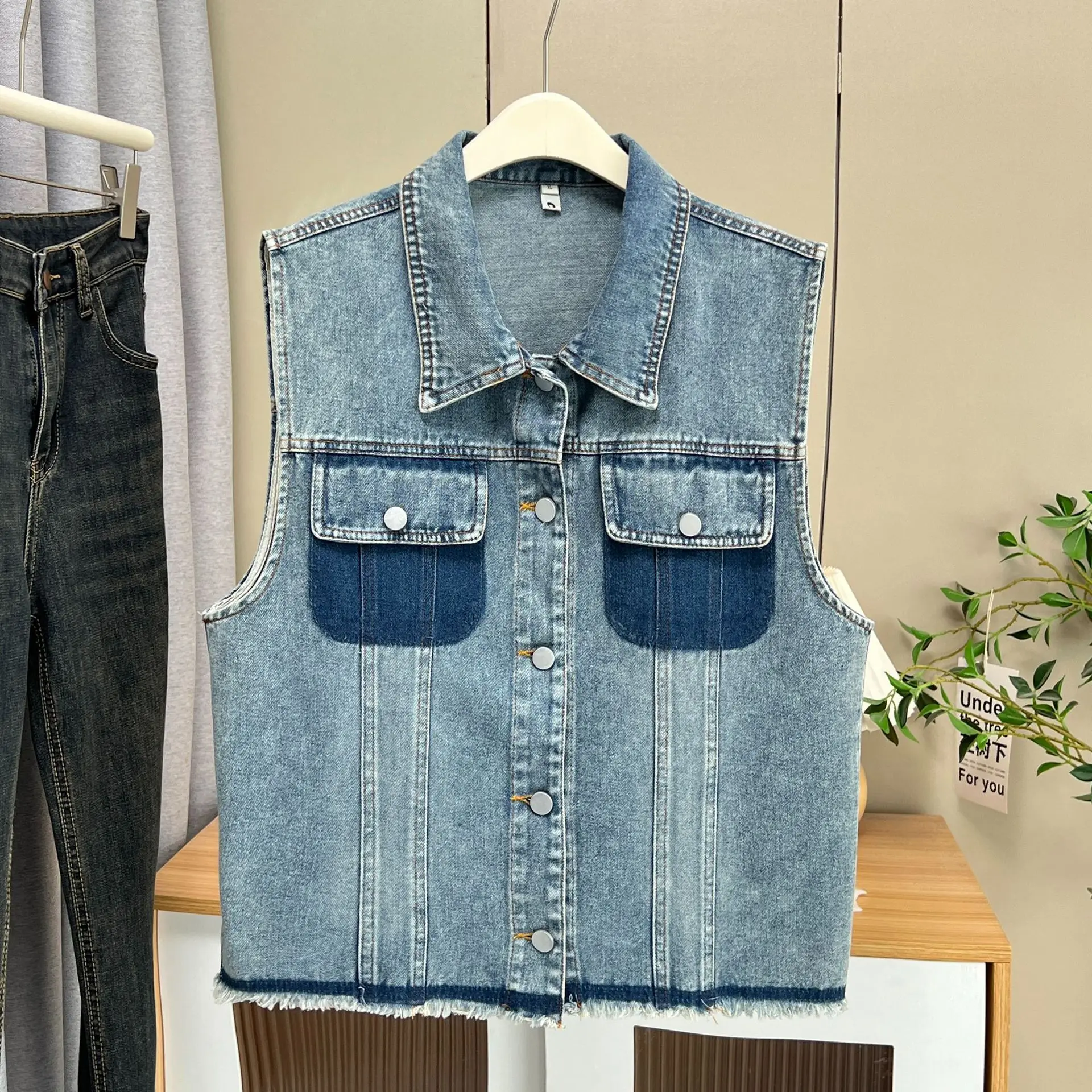 XXXXL ファッション プラスサイズ レディース デニムベスト 秋 カジュアル カラーブロッキング レトロ ノースリーブ コート 8316