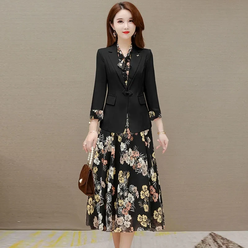 Single /Set Women's Broken Flower Dress+ Blazer Coat Women Thin Summer Two Piece Suit Ladies Blazer 2PCS