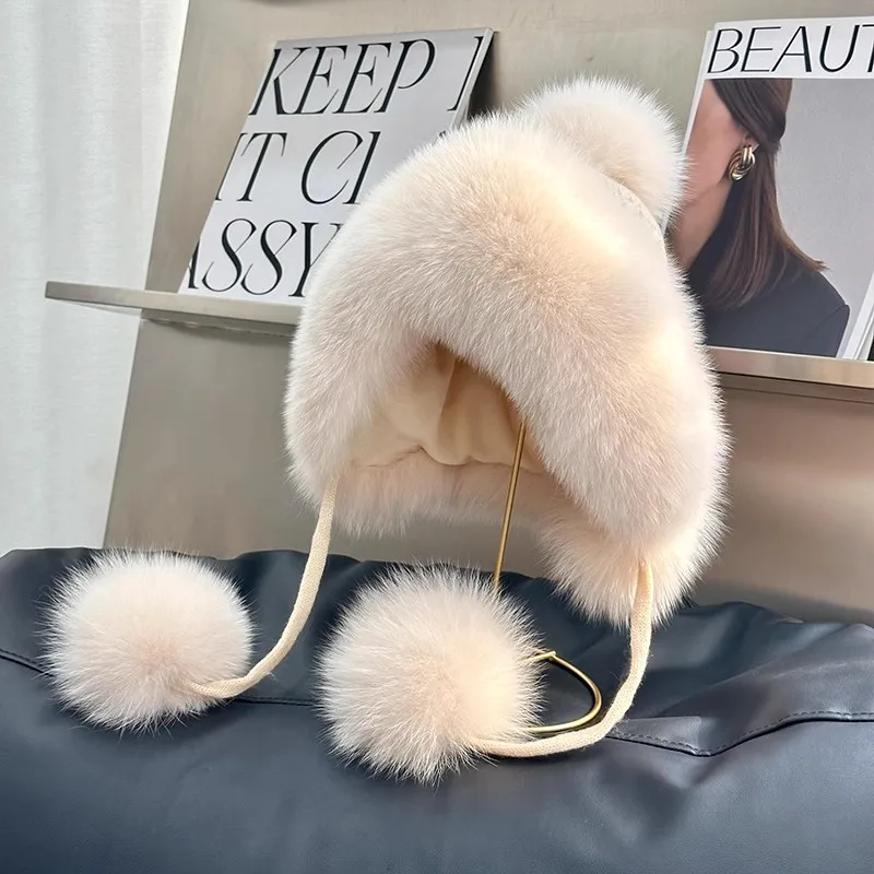 100% Real Natural Fox Fur Hat for Women Raccoon FurRussian Ushanka Hats Winter Thick Warm Fashion Girls Bomber Cap Elastic