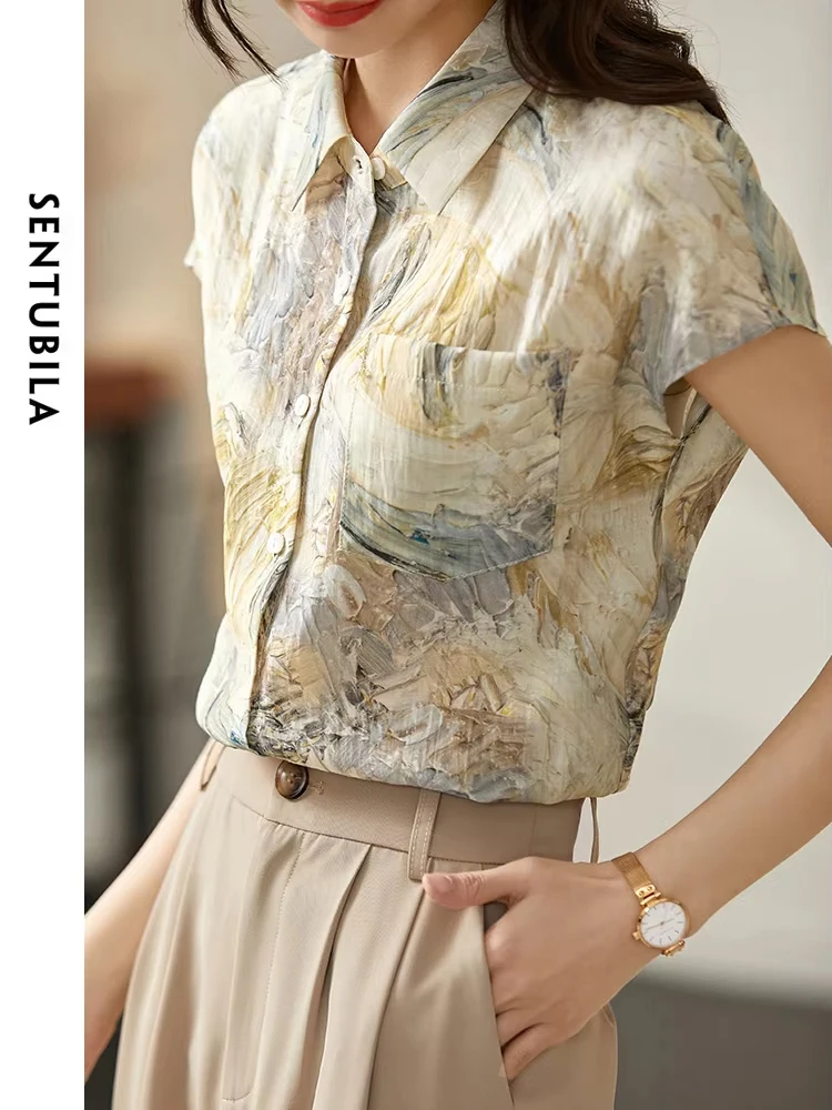 

SENTUBILA Summer Shirts For Women 2024 Fashion Chinese Brush Painting Roglan Sleeves Stand Collar Elegant Blouses & Shirts