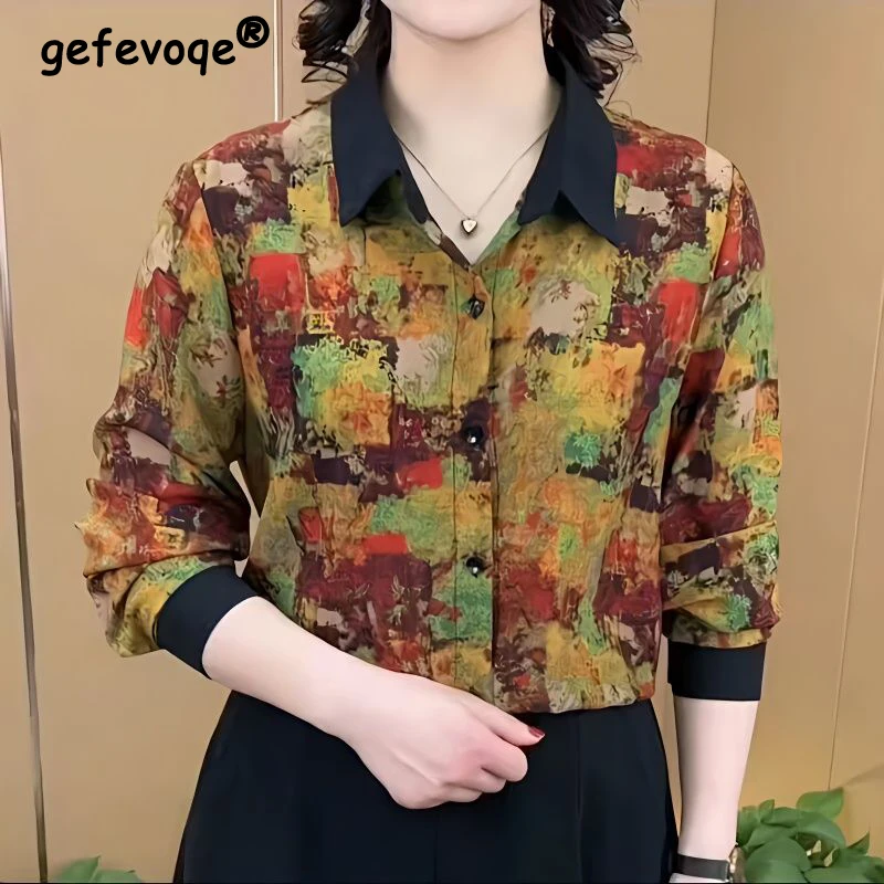 Women\'s Clothing Vintage Print Patchwork Button Up Shirt Spring Autumn Korean Fashion Lapel Long Sleeve Loose Blouse Ladies Tops