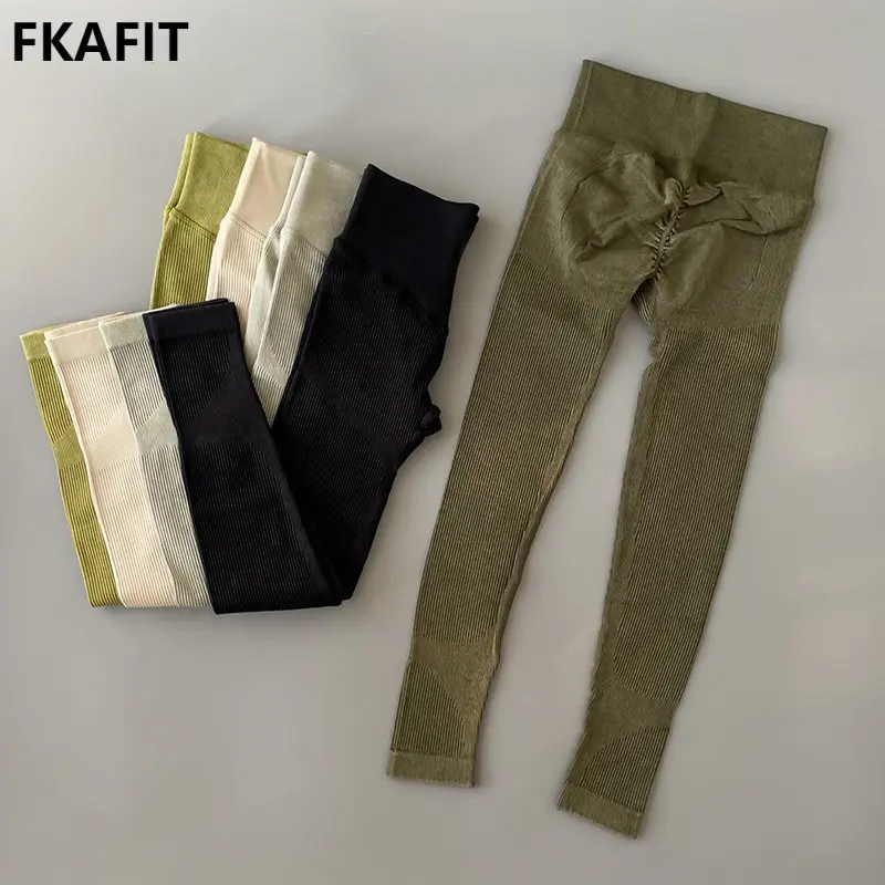 Seamless Ribbed Leggings For Women Yoga Pants Push Up Sports Tights High Waist Tummy Control Fitness Workout Gym Legins