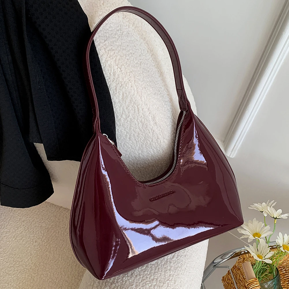 Designer Retro Wine Red Shoulder Bags for Women\'s Patent Leather Fashion Crescent Bag 2024 New French Small Handbag Ladies Totes