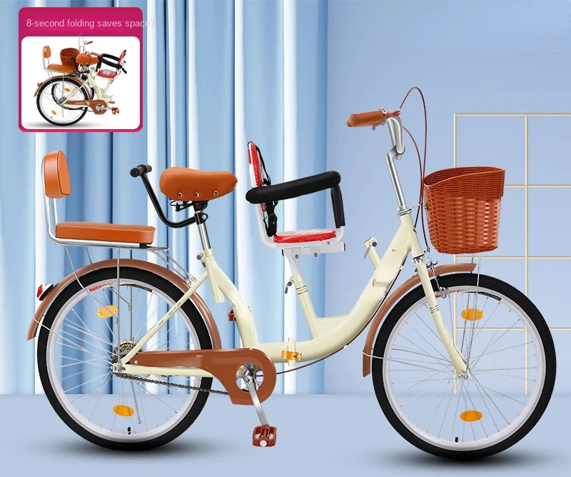 Parent child folding bicycle with three seats for picking up and dropping off children, adults, and daughters to school