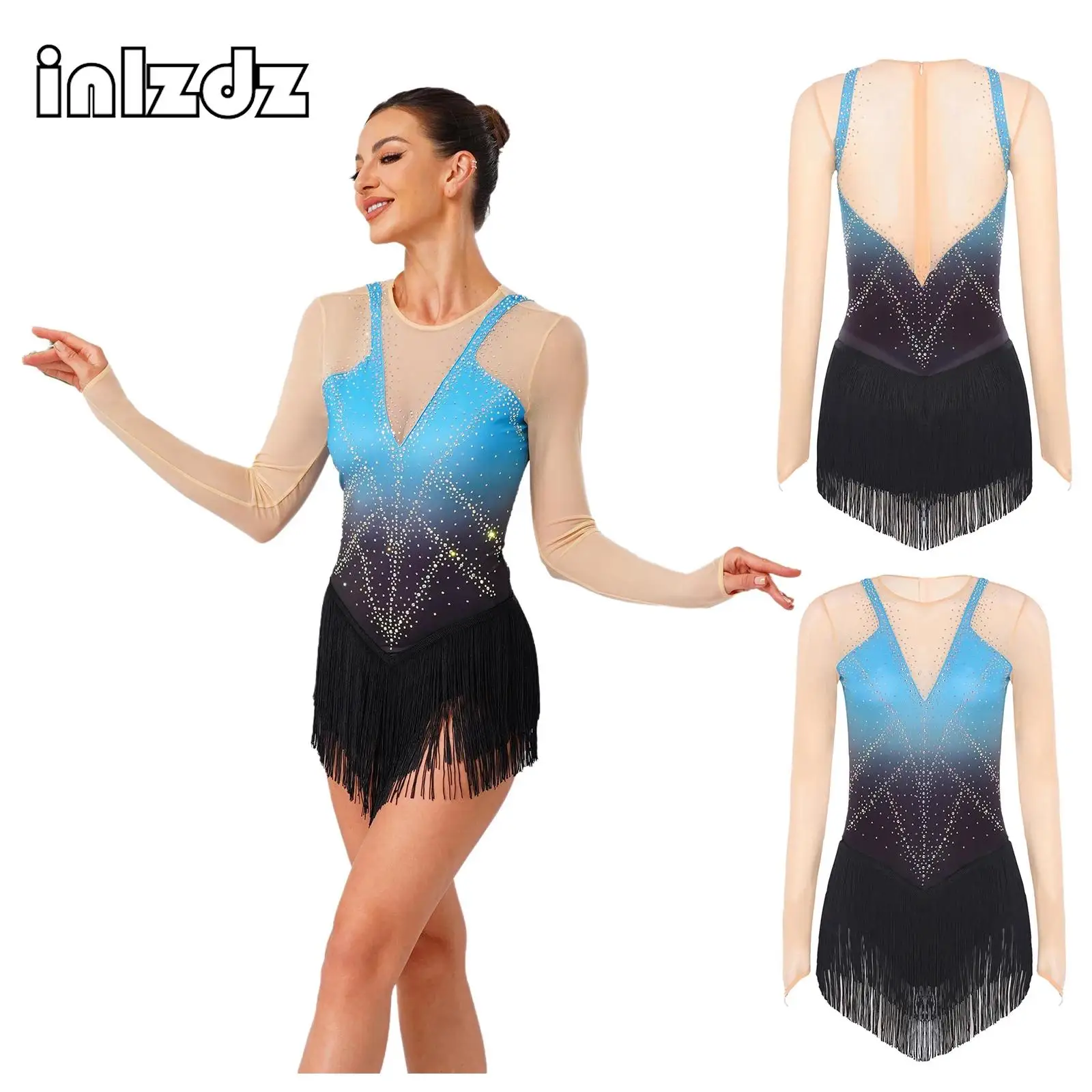 

Women Lyrical Latin Dance Leotard Dress Glittery Rhinestone Mesh Tassel Fringe Leotard Dress for Figure Skating Gymnastics Party