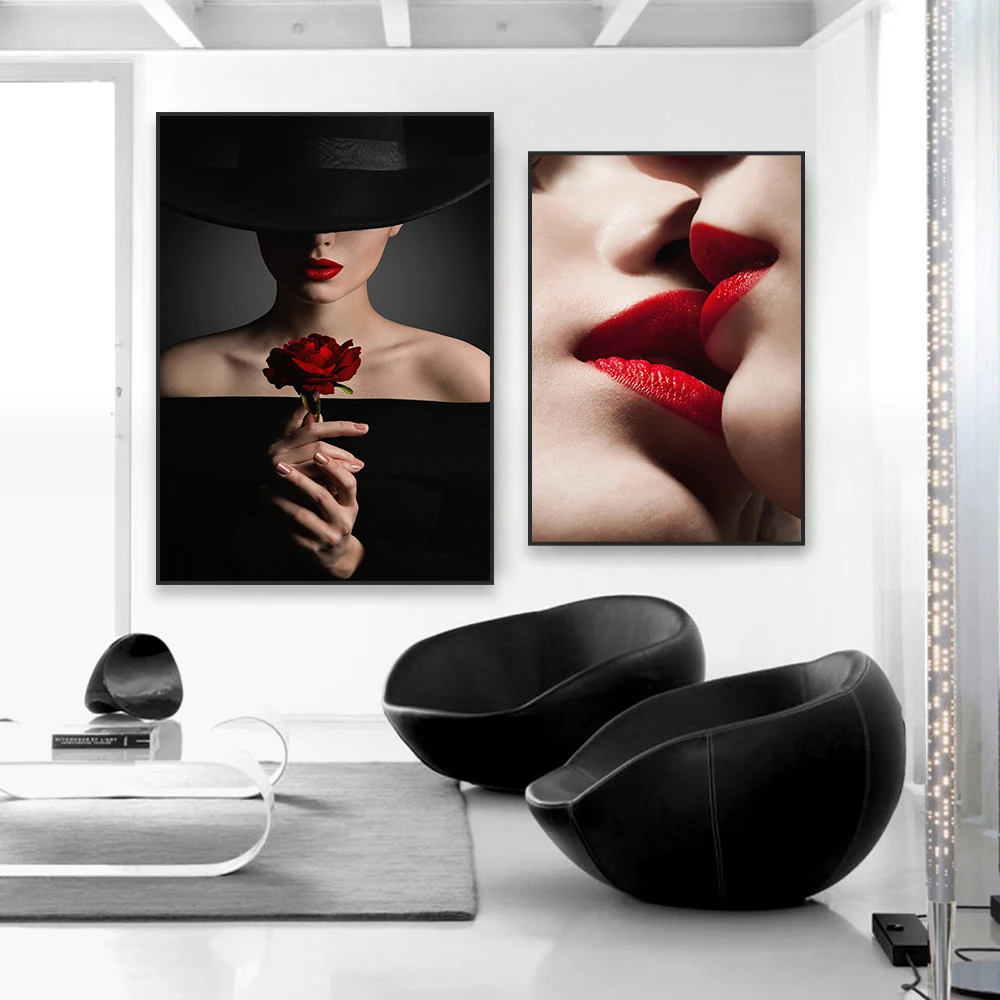 

Red Lips Fashion Poster Sexy Lady Wall Art Print Living Room Canvas Painting Vintage Bedroom Wall Art Poster Decoration