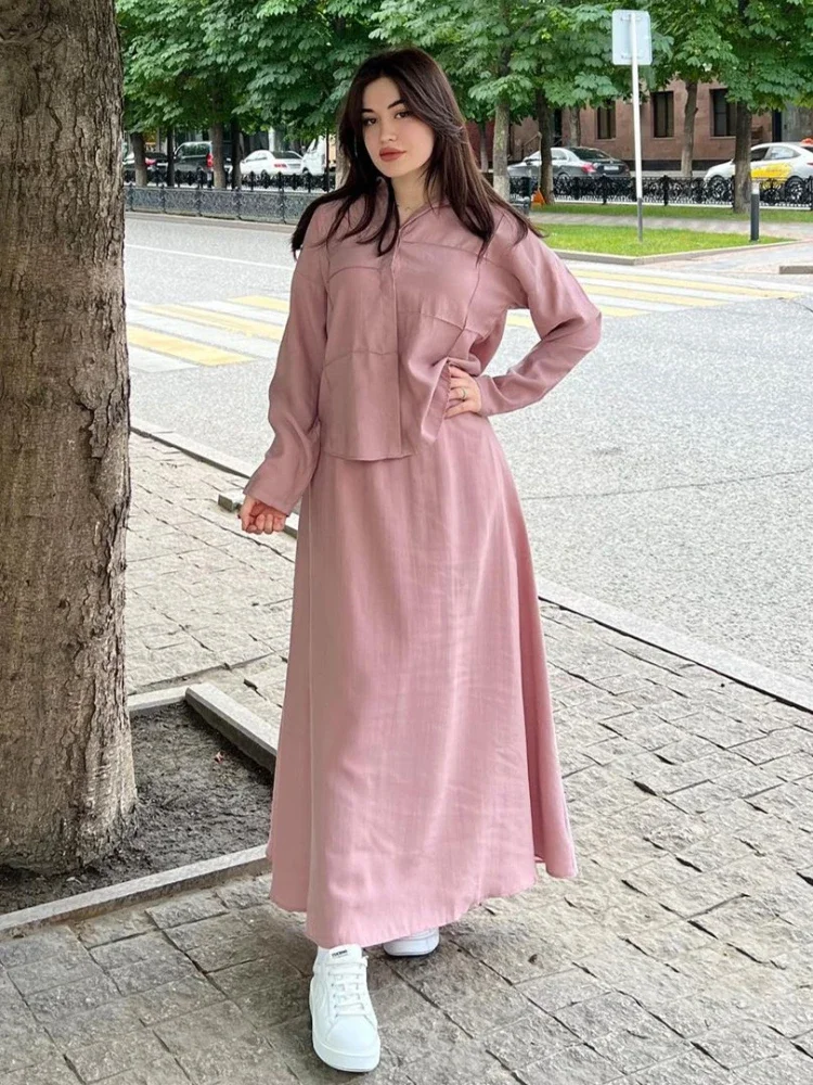 Womens Clothing 2024 Spring Autumn New Loose Long Sleeved Shirt Tops Fashion Pink Skirt  in Matching Sets Office Lady Skirt Set