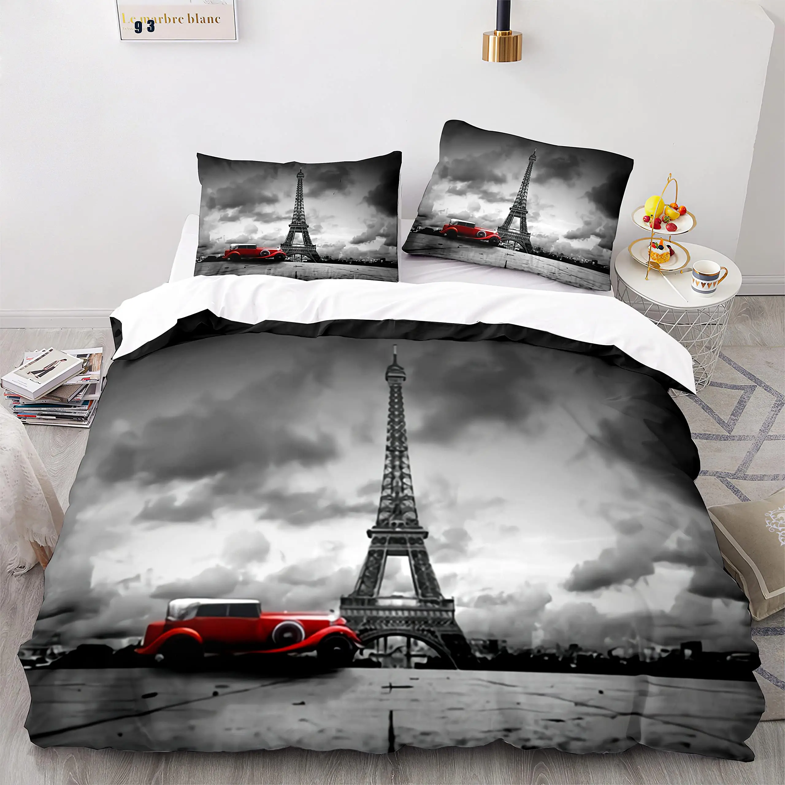 Eiffel Tower France Paris Bedding Set Boys Girls Twin Queen Size Retro Red Duvet Cover Pillowcase Bed Kids Adult