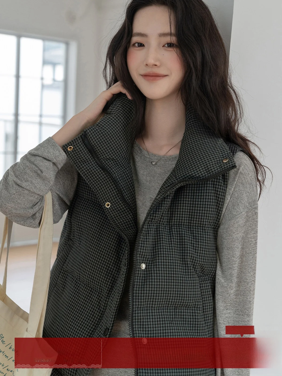 

MoZao Bla Plaid High Collar Svel ort down Vest Women's Autumn Winter New Sle Small Size Jaet Commute Sle