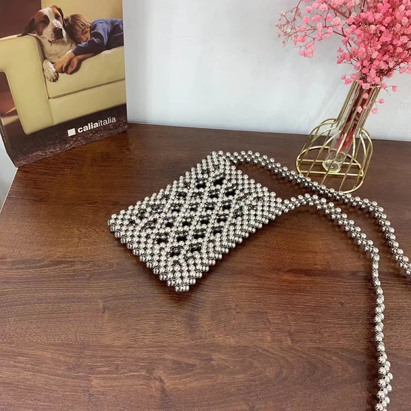 2022 Lingge Mobile Phone Clear Purse Hollow Pearl Handmade Crossbody Bags for Women Pure Handmade Beaded Pvc Bags Transparent