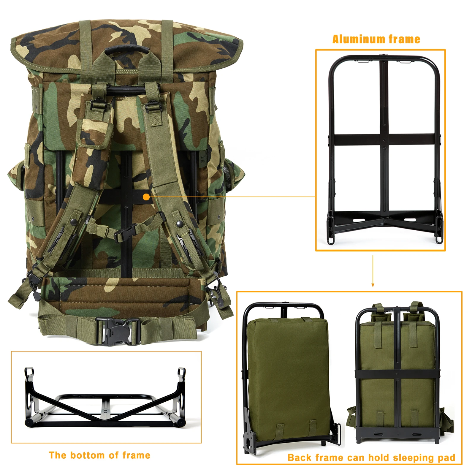 MT Military Alice Large Pack Army Survival Combat ALICE Rucksack Tactical Assault Backpack with Frame Woodland Flecktarn Camo