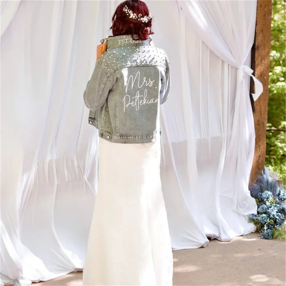 Mrs Last Name Pearl Jean Jacket, Bride Pearl Jean Jacket, Mrs Denim Jacket, Personalized Jean Jacket, Pearl Jacket, Bride Pearl