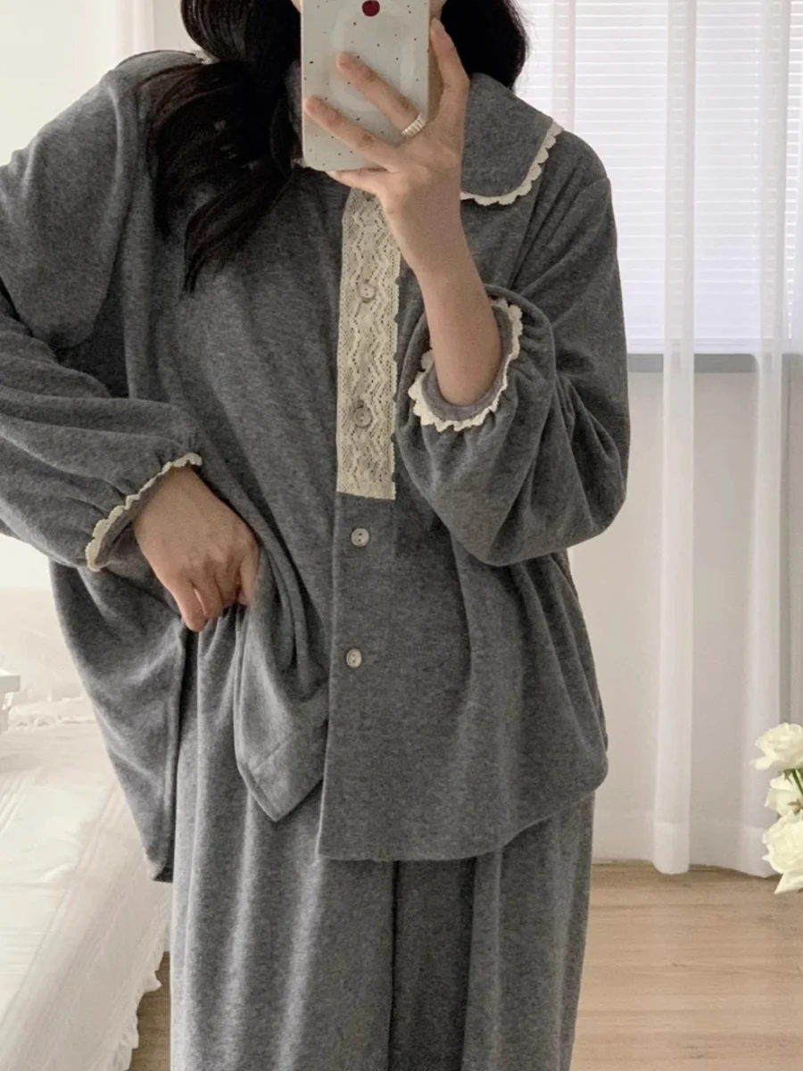 Lace Trimmed Pure Color Sleepwear Set for Women Cute Collar Home Clothes Long Sleeve Mid-Length Dress with Elastic Waist