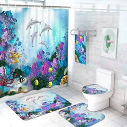 Deep Ocean Dolphin 3D Printing Waterproof Fabric Shower Curtain Set Bathroom Curtains Toilet Cover Mat Non Slip Rug Home Decor