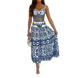 JAMERARY Runway Summer Women Fashion Tank Tops Long Two Piece Sets Female Vacation Party Sexy Dresses Suits Porcelain Vestidos