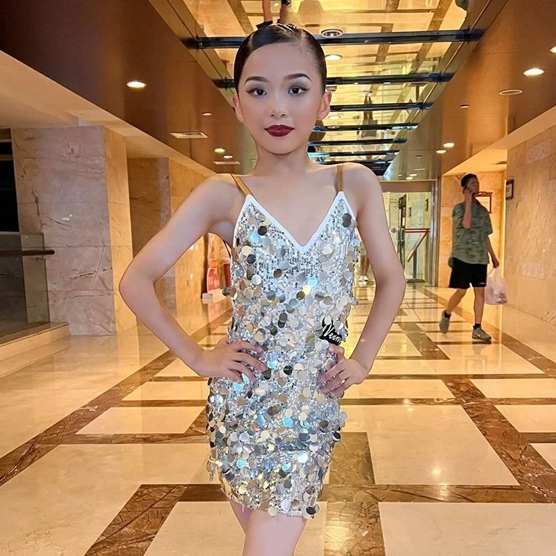 

Summer Child Latin Dance Dress for Girls Silver Suspender Backless Sequin Skirt Design Cha Cha Samba Rumba Training Performance