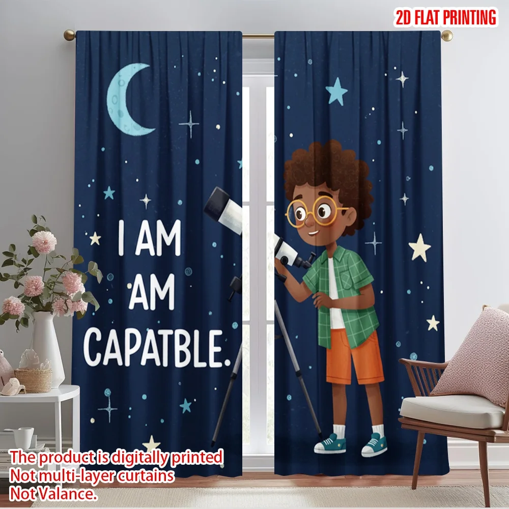 

2pcs 2D flat printing Curtains Capable Telescope Astronomy Fabric Without Electricity Birthday Party Use for New Year and