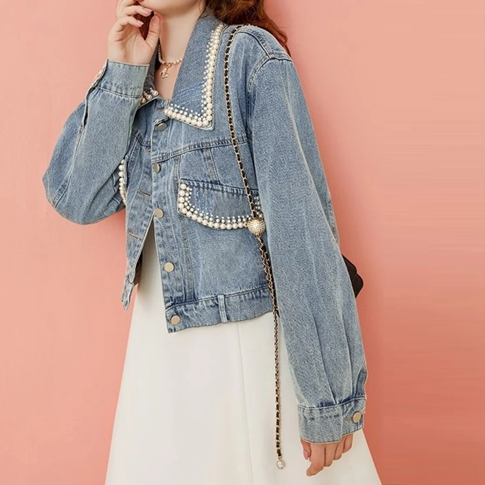 Heavy industry nail bead design denim short jacket women's Korean loose denim clothing 2025 Spring and Autumn