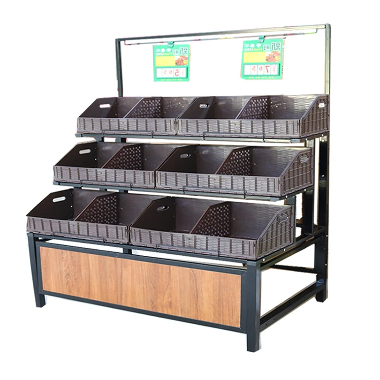 3 Tier Supermarket Vegetable Fruit Rack Display Shelf Metallic Light Duty Customized Wood Store Style Stand Surface Packing Type