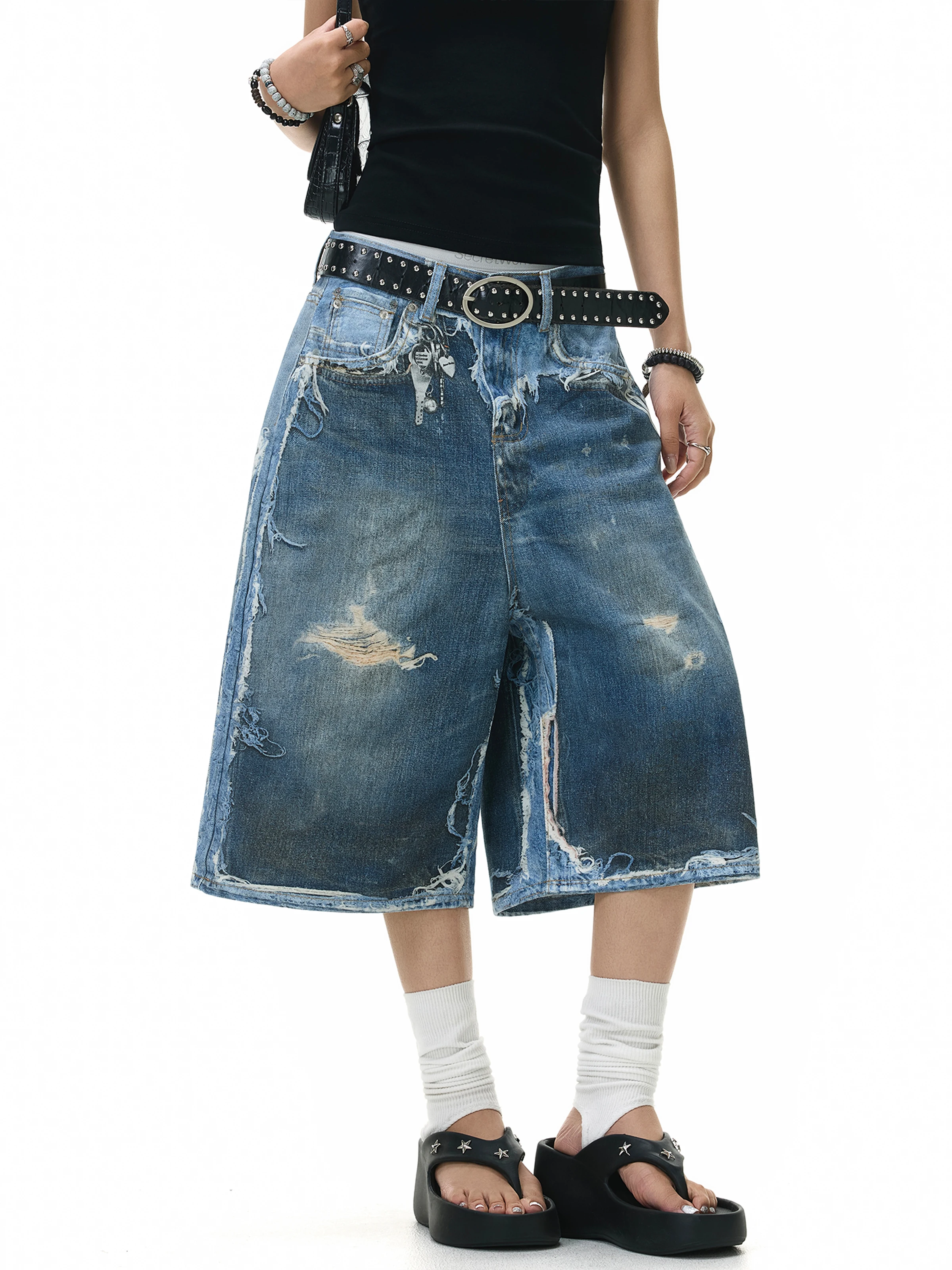 American High Street Vintage 3D Print Denim Shorts Summer Loose Wide Leg Design Men's Women's Fashionable Shorts