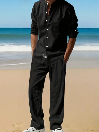 Imagen 2 del producto Nuevo conjunto de algodón y lino de color liso para hombre para el verano de 2025, de comercio exterior europeo y americano, transpirable y suelto para hombre