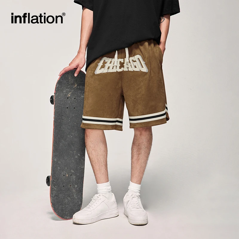 INFLATION Brown Basketball Shorts Men Casual Elastic Waist Faux Suede Sports Shorts