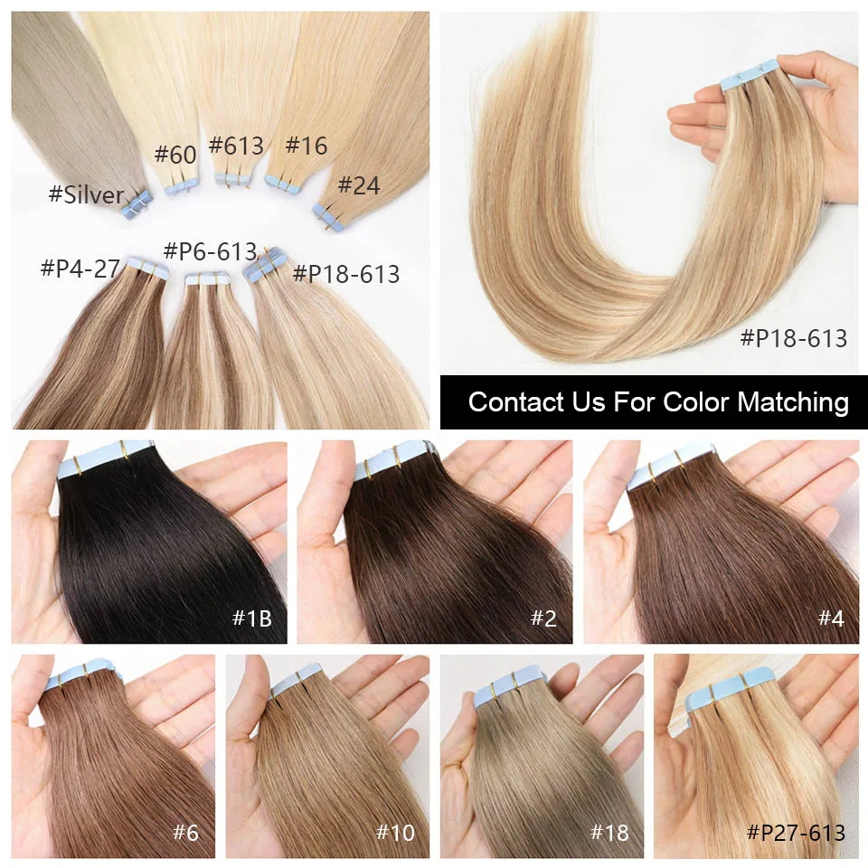 Nastro nelle estensioni dei capelli Capelli umani Biondi PU Nastro senza cuciture Estensioni dei capelli 4x0,8 cm Trama della pelle Nastro in PU sui capelli 20 pezzi 12 "-24"
