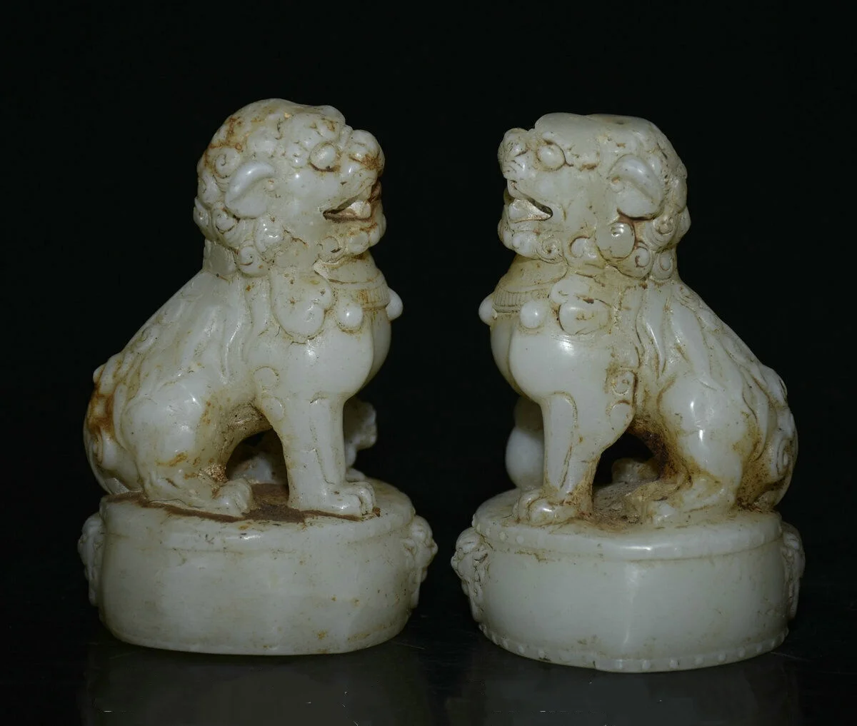 4.6 "الصين القديمة اليشم الأبيض نحت فنغشوي فو فو الكلب الحرس تمثال الأسد زوج #2