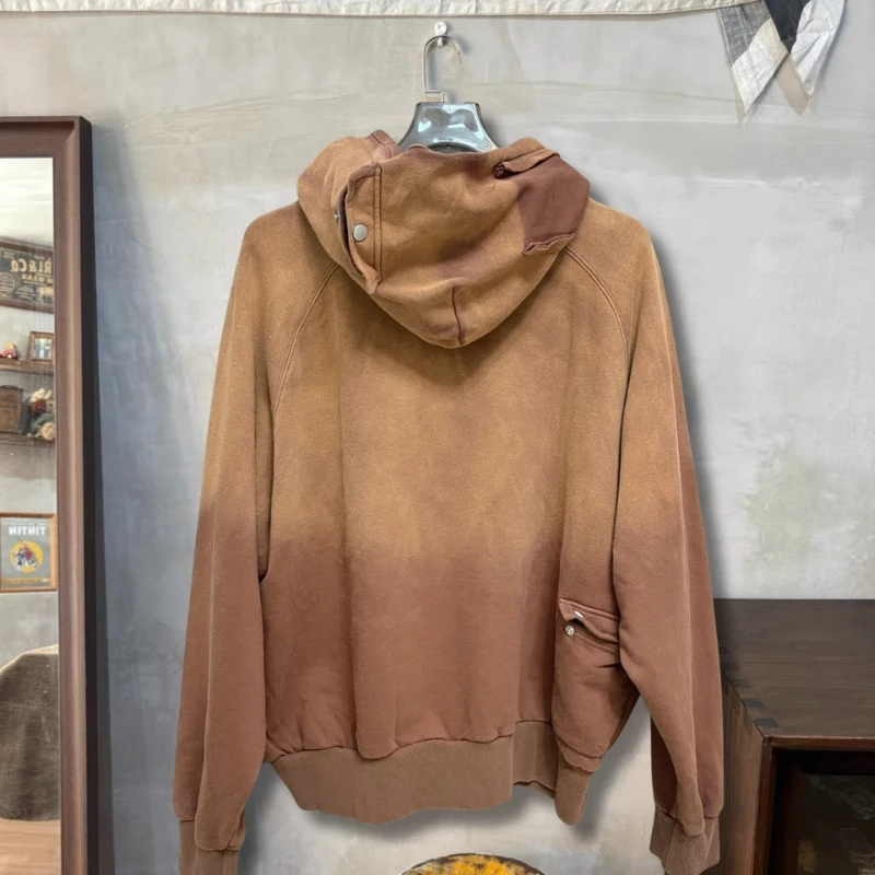 Washed Brown Vintage Fading Classic Letter Oversize SATOSHI Hoodie Multi Pocket Cargo Hood Sweatshirt Men Women Street Outfit