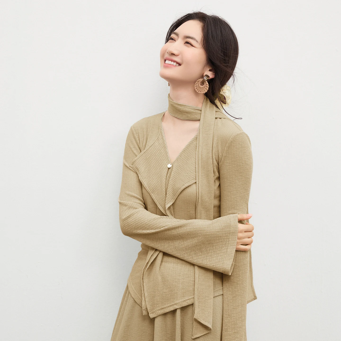 SENTUBILA Women 2 Piece Knitted Skirt Set 2026 Autumn V-Neck Ruffle Top + A-Line Skirt Detachable Scarf Elegant Outfit 161ZA4965