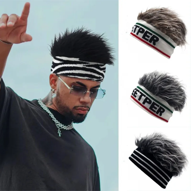 Men Women Spiked Fake Hair Cycling Sport Hat Comfortable Knit Cotton Funny Hip Hop Dance Party Short Melon Wig Skull Beanie Hat