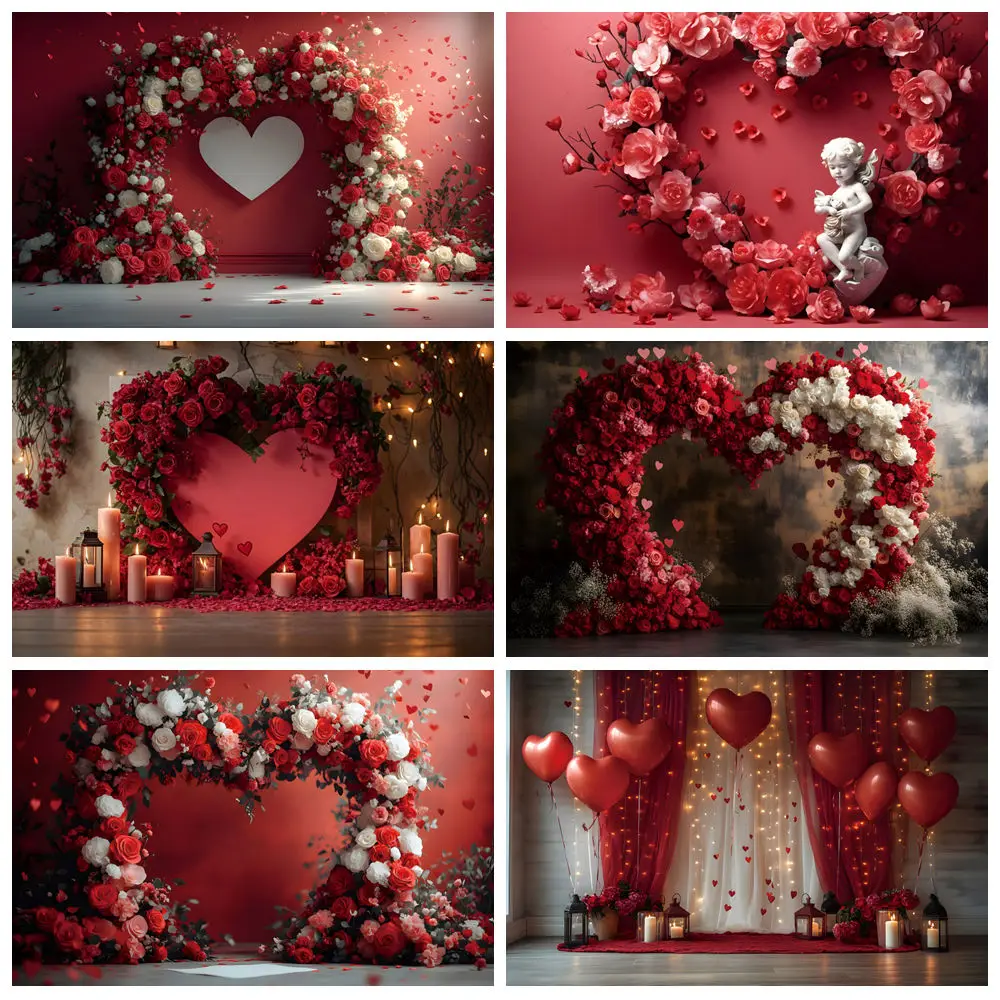 

Valentine's Day Photography Backdrops Red Rose Flowers Heart Arch Door February 14 Wedding Decor Background Photo Studio Props