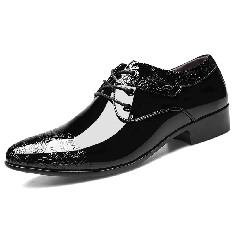 New glossy Men Casual Busines Dress Shoes Black fashion Patent Leather men's large size lace-up wedding Party Office shoes