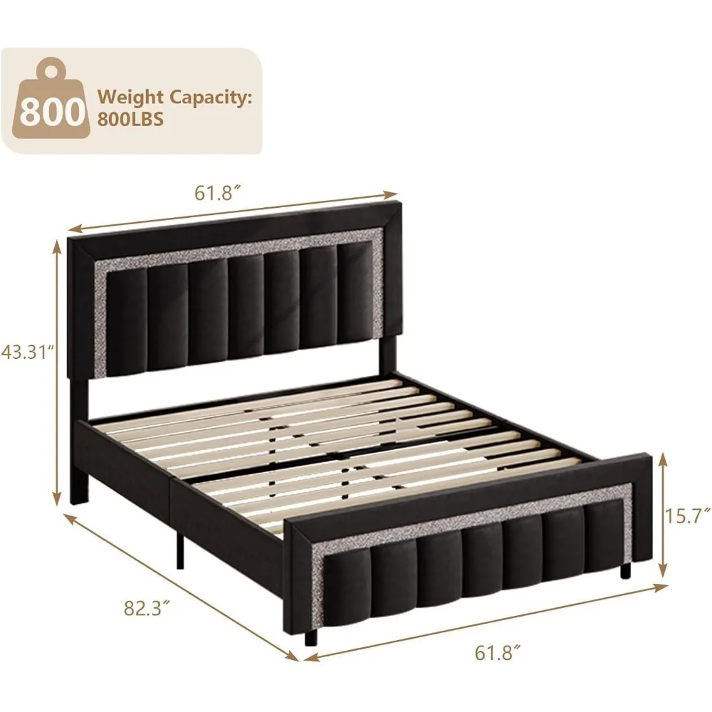 إطار، سرير منجد مع لوح رأسي ماسي ولوح للقدمين، إطار سرير كوين أسود مع قناة عمودية مخملية