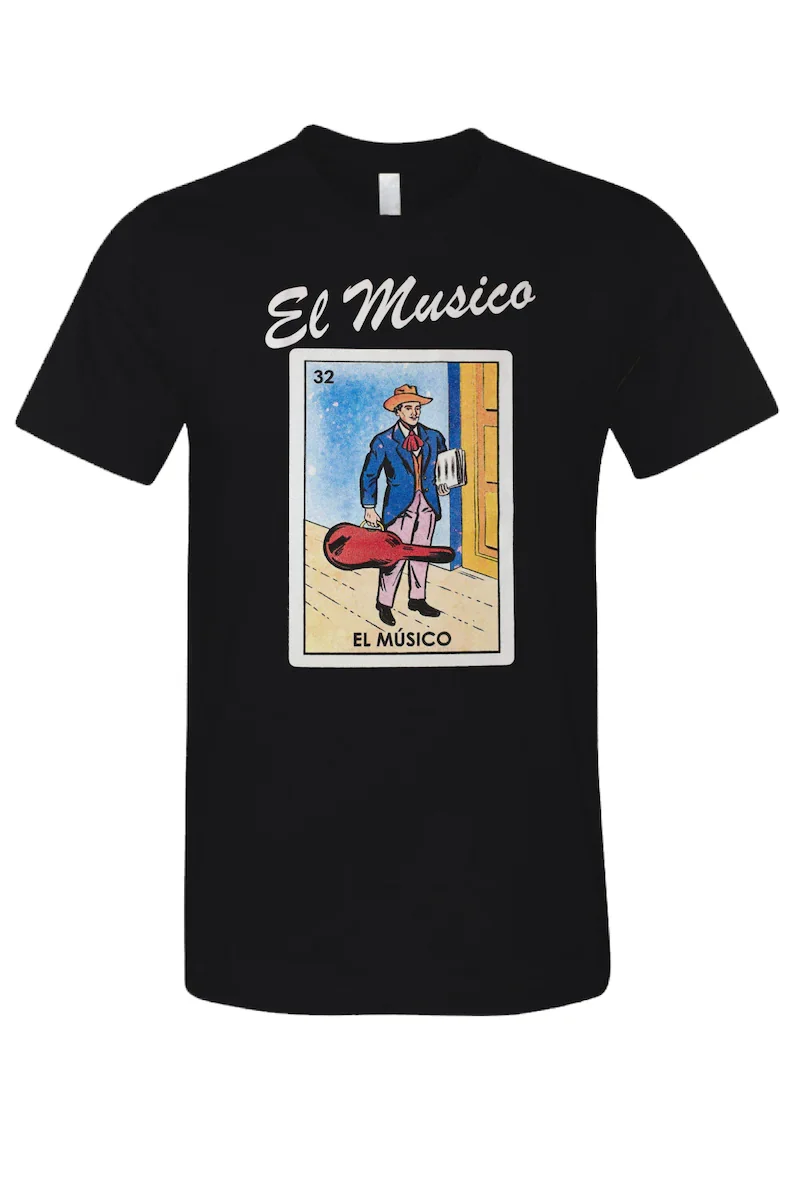 El Musico Loteria Mexican Bingo T-Shirt Novelty Funny Family Tee Black New