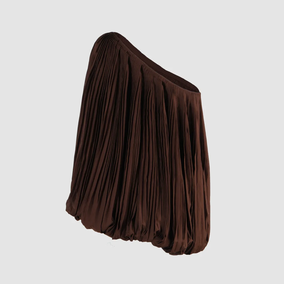 2026 Women's Brown Pleated Midi Skirt | High Waist Asymmetric Hem Draped Bubble Skirt