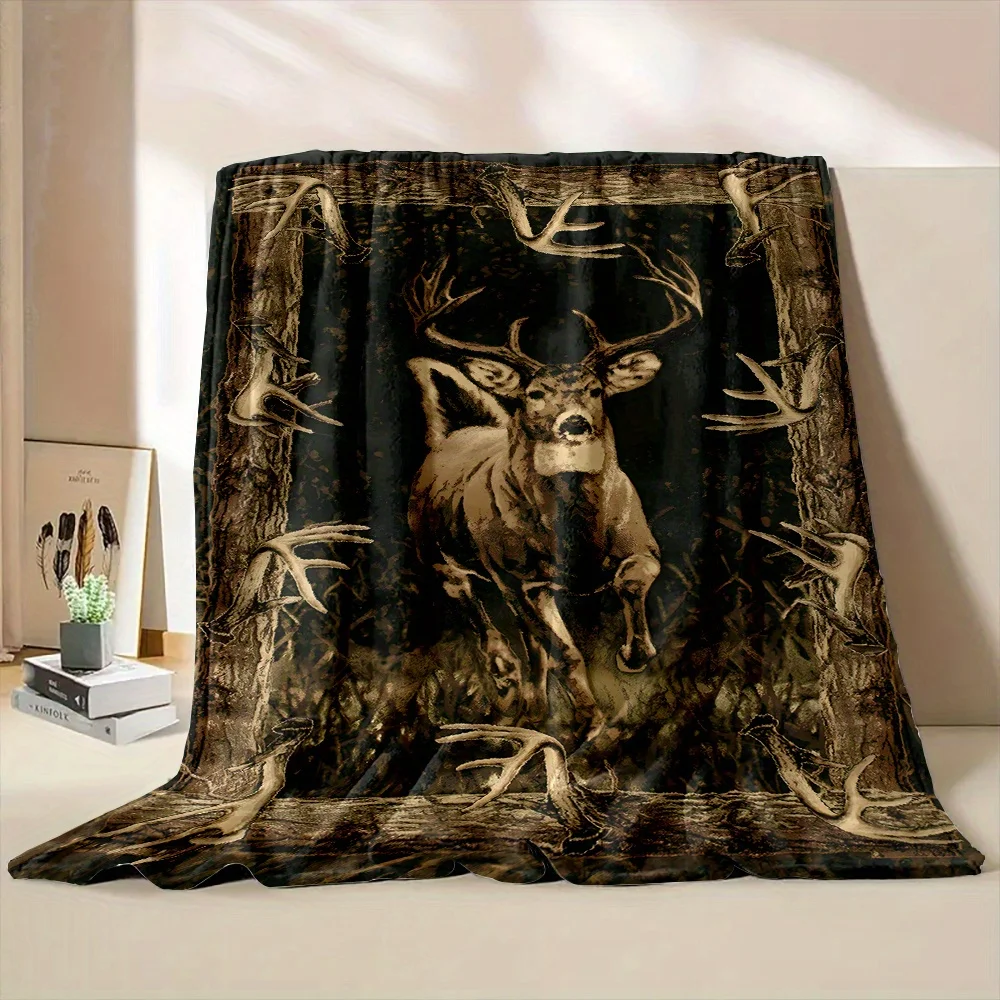 Rustic Stag Deer Print Throw Blanket Wilderness Forest Woodland Lodge Decor Cozy Throw Sofa Couch Gift for Masculine Cabin Decor